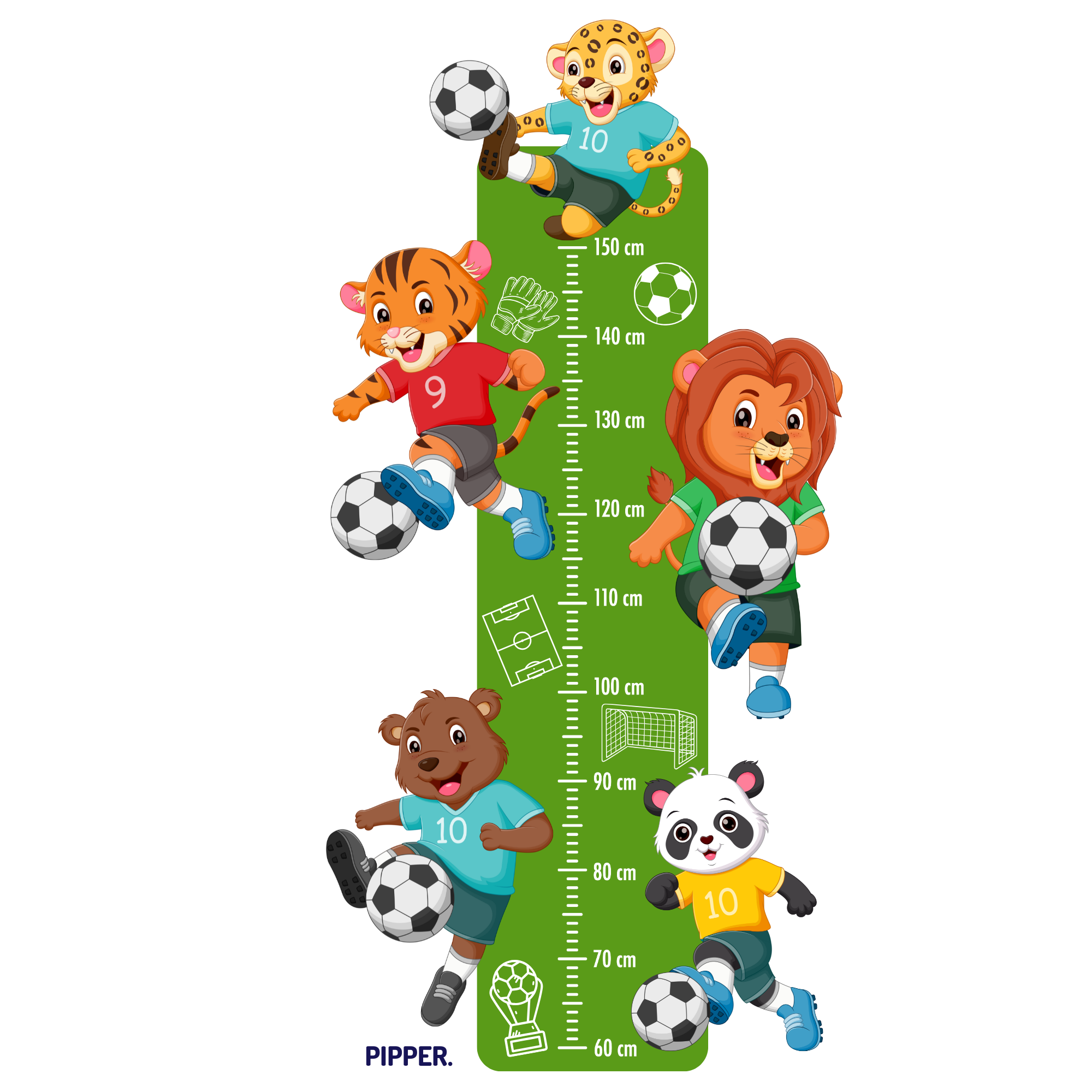 Textilná nálepka na stenu - Detský meter - Zvieratká futbalisti